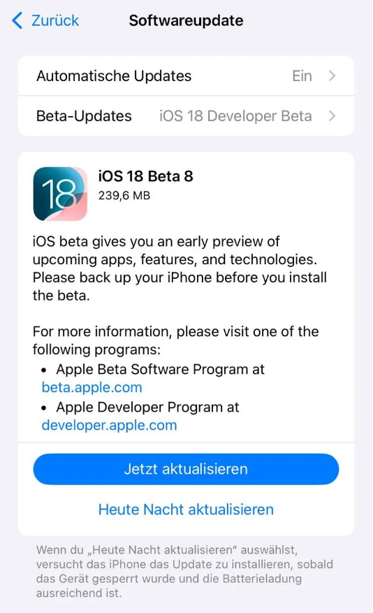 西流河镇苹果手机维修分享苹果 iOS / iPadOS 18 开发者预览版 Beta 8 发布 